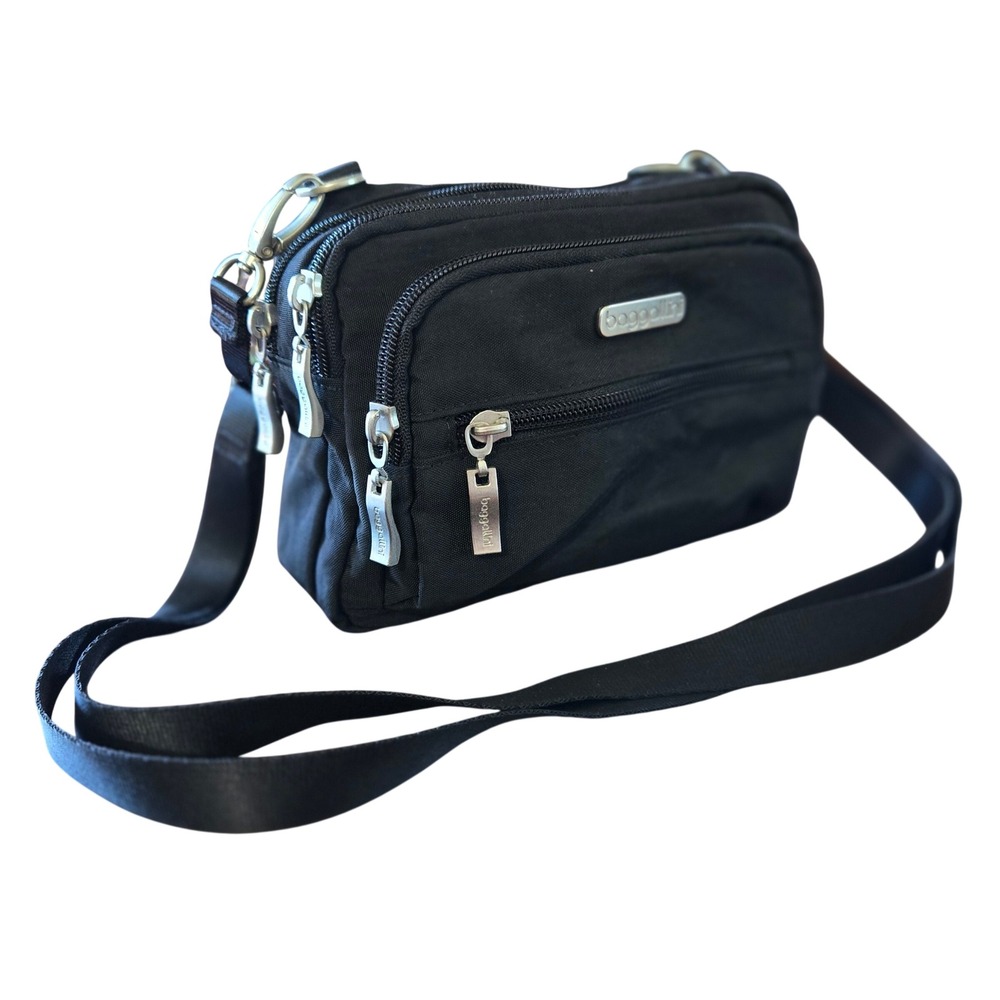 Baggallini Triple Zip Bagg Black Nylon Crossbody Bag Organizer Purse 8"x6"x3"